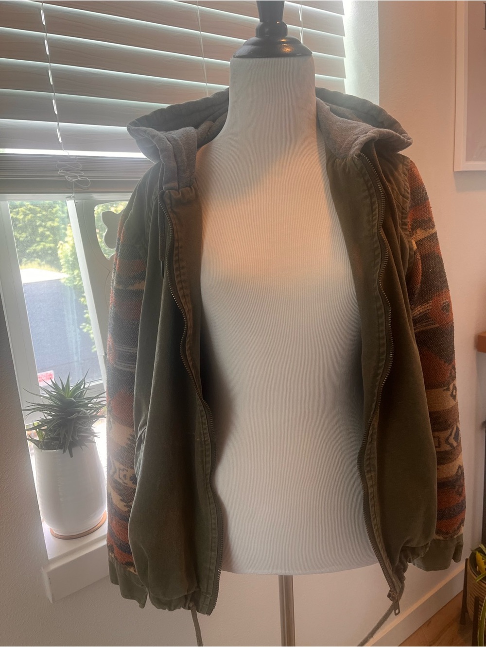 Forever 21 Olive Green Utility Jacket with Aztec Patterned Sleeves